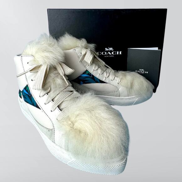 New Coach Chalk Soft Smooth Calf Suede Faux Fur Topped Blue & White High Tops - Picture 1 of 11